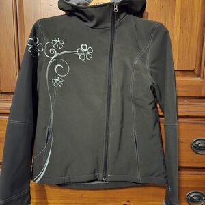 Women’s Black Hooded Softshell Jacket with Floral Print